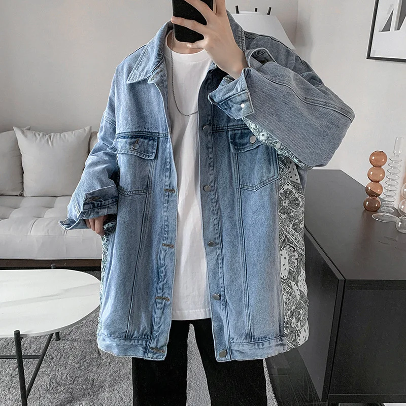 

Splicing cowboy coat men's loose jacket spring and autumn 2021 new Korean fashion net red coat tide brand ruffian handsome