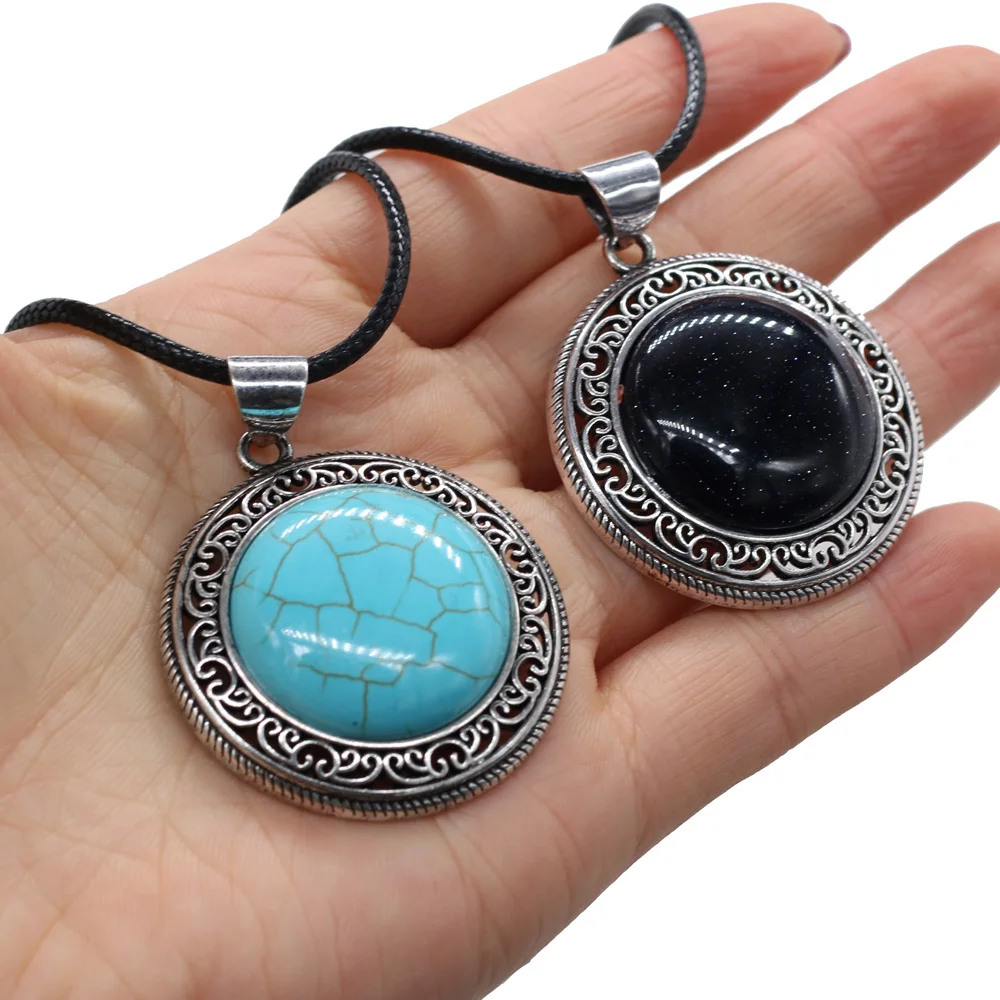 

Natural Stone Necklace With Round Semi-Precious Pendant Leather Cord 2MM Charms For Elegant Women Love Romantic Gift