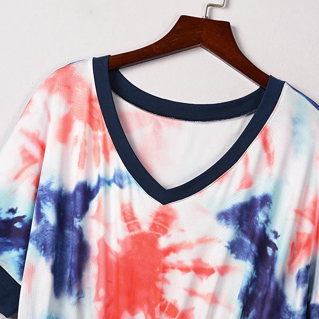 

Women Tie-dyed V-neck Playsuits Slim Elastic Waist Bodysuits Mini Rompers Short Sleeve Jumpsuits Short Sleeve Femme Jumpsuit