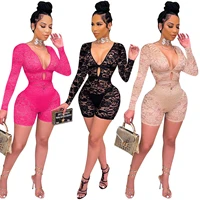 sujying new summer womens nightclub sexy v neck perspective hollow lace long sleeve jumpsuit