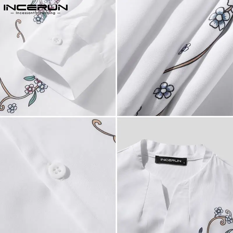 

2021 Men Shirt Printing V Neck Streetwear Long Sleeve Autumn Vintage Button Leisure Camisas Loose Casual Mens Clothing INCERUN
