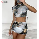 Сексуальный женский комплект бикини из 4 предметов с юбкой, с мраморным принтом, купальник с коротким рукавом, пляжная одежда 2021, купальные костюмы