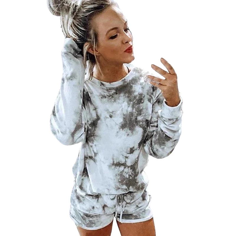 

Hot kf-Womens Tie Dye Printed Short Pajamas Set Long Sleeve Tops and Shorts Set Loungewear Nightwear Sleepwear