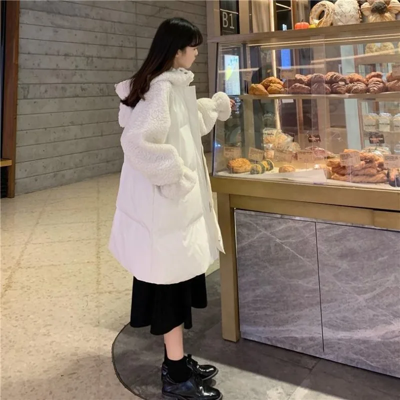 Женские стильные парки средней длины с капюшоном Kawaii Студенческая Лоскутная