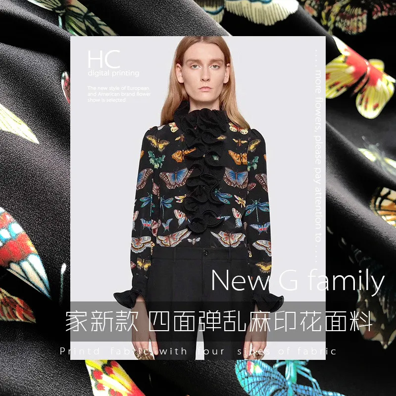 

145 cm wide 4-way stretch crepe fabric butterfly printed fabric meter shirt dress handmade DIY fabric wholesale cloth