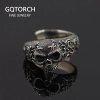 gothic punk skull rings for men and women 925 sterling silver jewelry resizable vintage flower engraved skeleton finger band