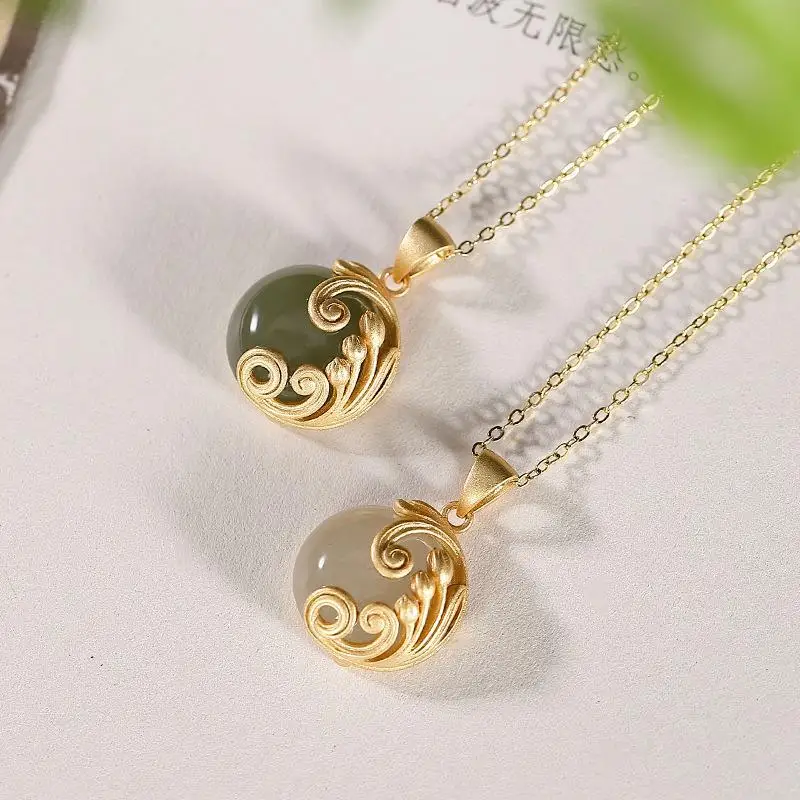 

S925 Sterling Silver Ancient Gilding Natural Hetian Jade Gray Jade Retro Style Personality HAILANG Spray Ladies' Pendant Pendant