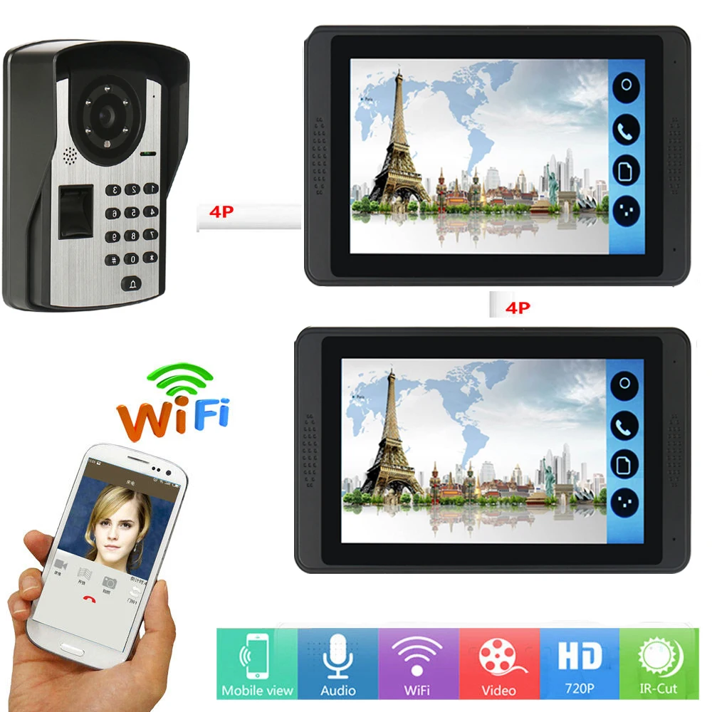 Password Fingerprint IR Camera 7Inch Wifi Wireless Video Door Phone Doorbell Visual Intercom System APP Remote Unlock | Безопасность и