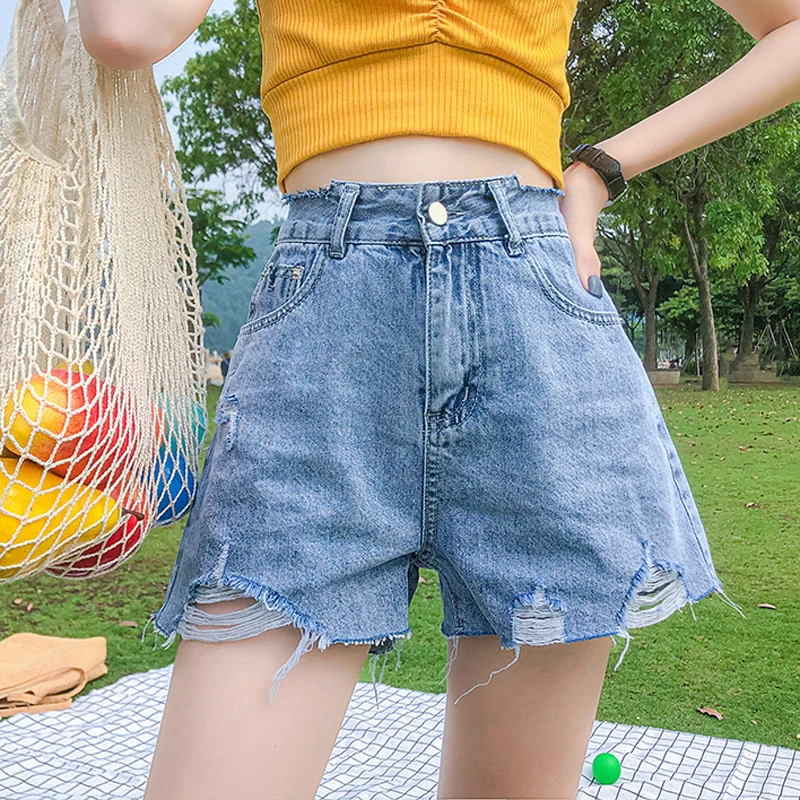 

Zoki Sexy Women Denim Short Hole Tassel High Waist Blue Loose Cotton Casual Feminina Short Spodenki Damskie Fashion Summer