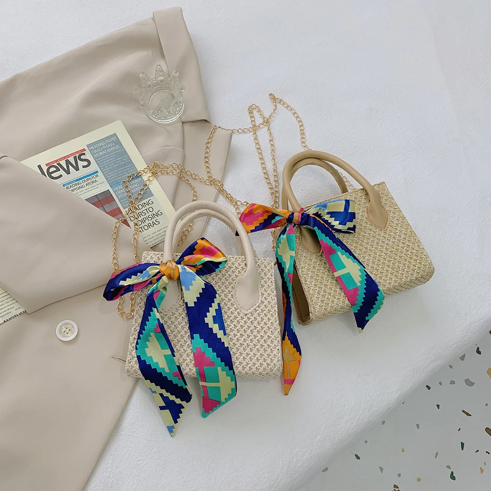 

Повседневная плетеная сумка-мессенджер через плечо для женщин, шелковый шарф, сумка через плечо с бантом, летняя пляжная сумка для отпуска с...