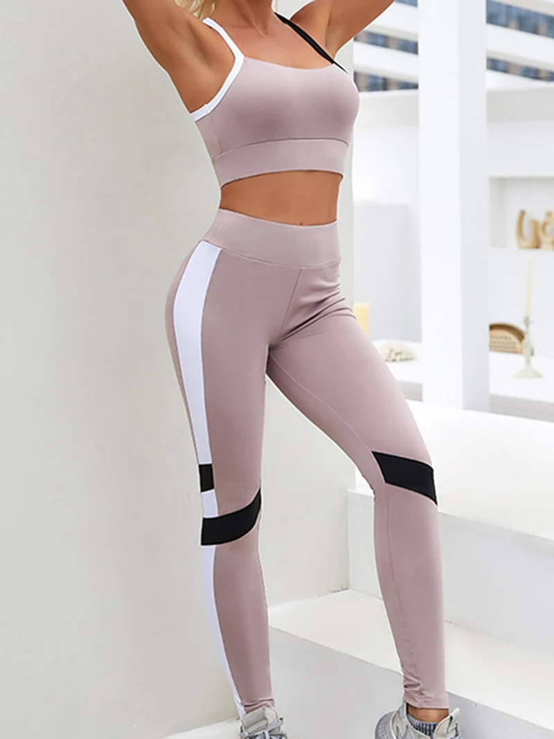 

Stitching one-shoulder vest hip-lifting leggings two-piece yoga suit women's sports fitness sleeveless breathable S9K0232