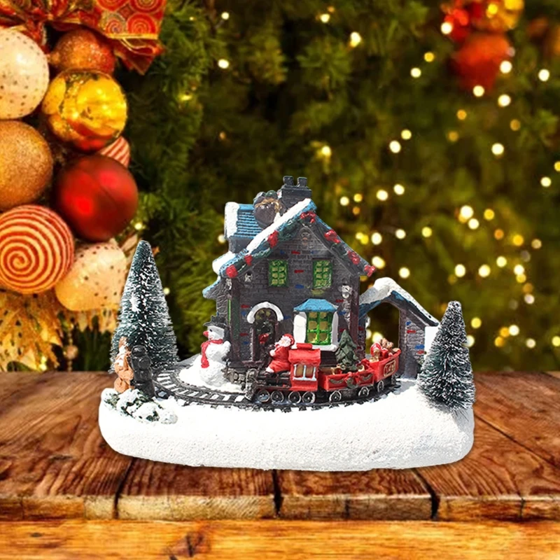 

D0AC Creative Color LED Lights Christmas Small Train Village House Luminous Landscape Snow Figurines Resin Desktop Ornament Xmas