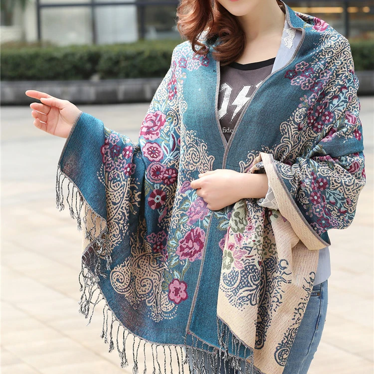 

J1306 Winter Scarf Shawl dual-purpose national wind shawl double-sided autumn and winter cotton and hemp scarf woman