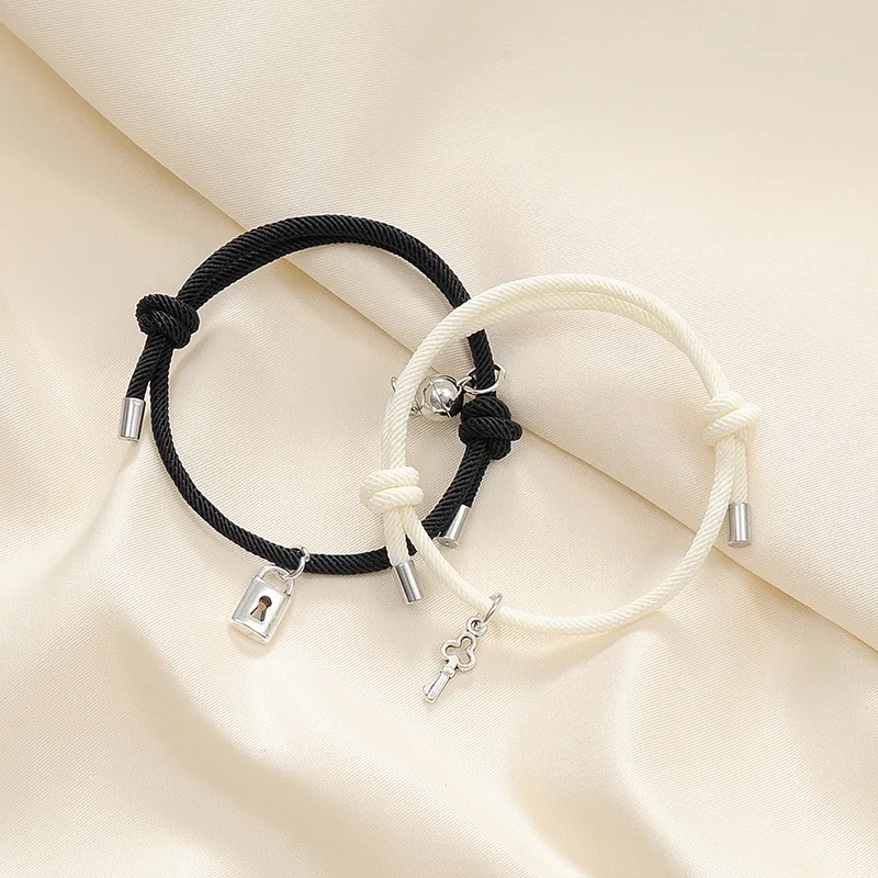 

Romantic Magnet Couple Bracelets for Lovers Women Men Key Lock Pair Lucky Black White Attraction Rope Bracelet Anniversary Gifts