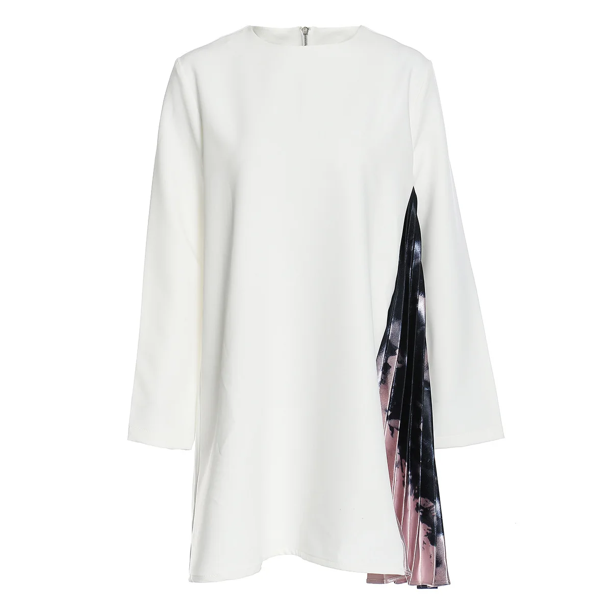 

TVVOVVIN Spring 2021 New Round Neck Asymmetric Patchwork Fold Pleated Full Sleeve Mini Dress Female Irregular Dresses XQB8