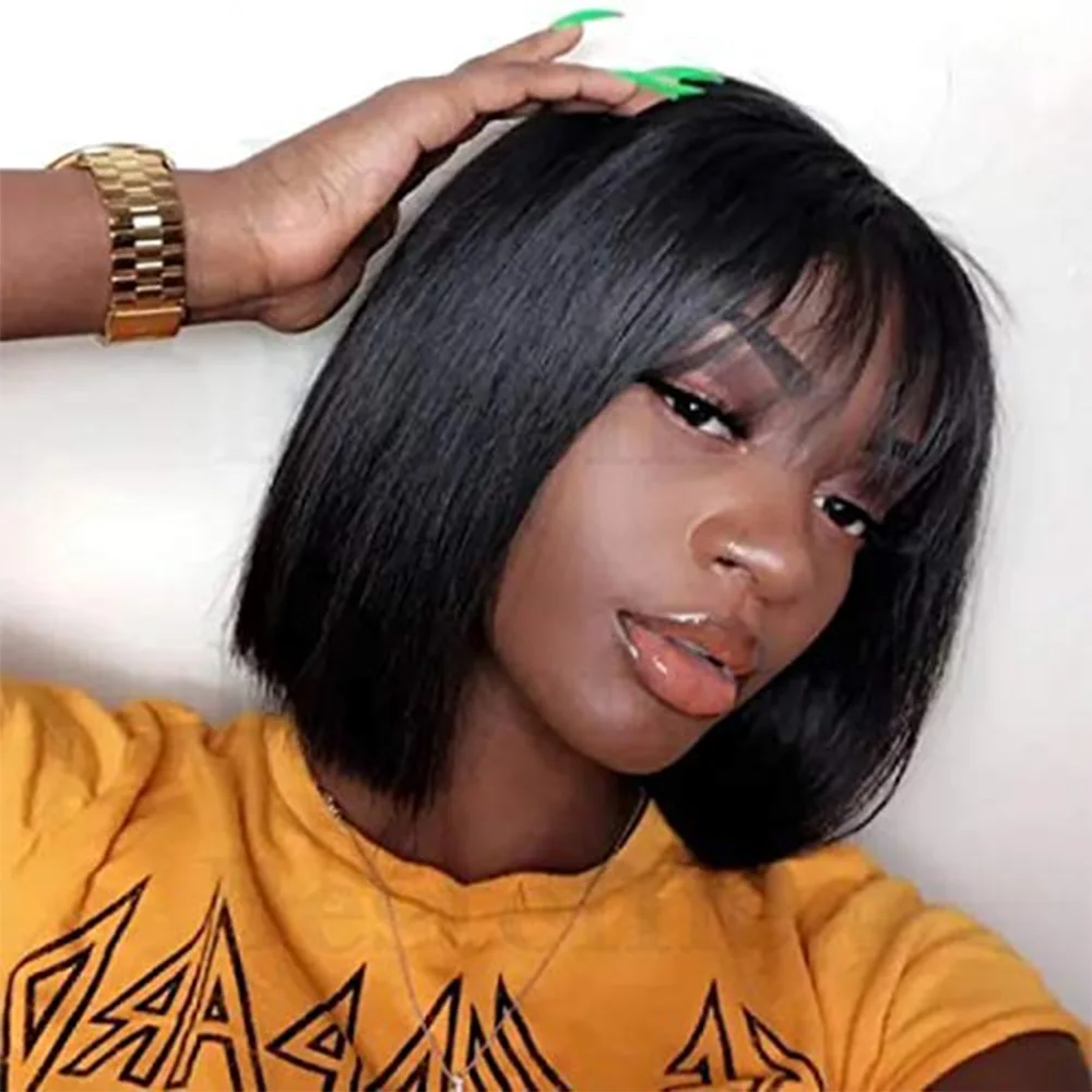 

Short Bob Wig With Bangs Wig Brazilian Straight Hair Mechanism Bob Wig Black Female Natural Color (10 Inches)