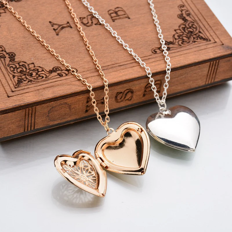 

Unisex Gold Silver Color Necklace Hollow Out Love Heart Shape Openable Photo Frame Pendant Necklaces Romantic Gift For Couples