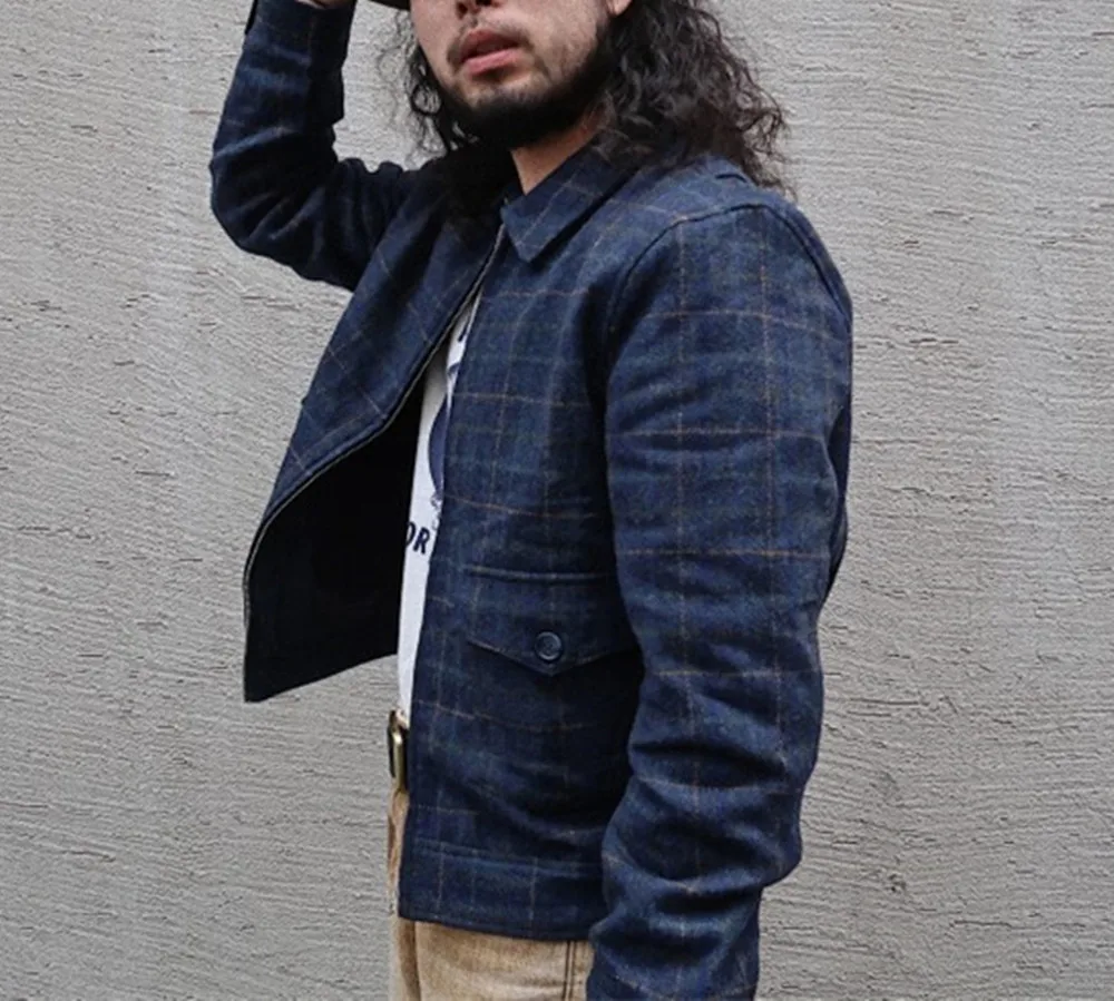 Мужская твидовая шерстяная куртка цветная клетчатая приталенная в стиле сафари