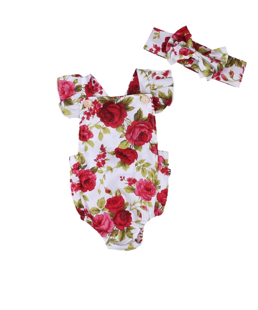 

Cute Baby Girls Floral Print Romper Infant Toddler Fly Sleeve Jumpsuit Romper+Headband Newborn Baby Outfits 0-24M