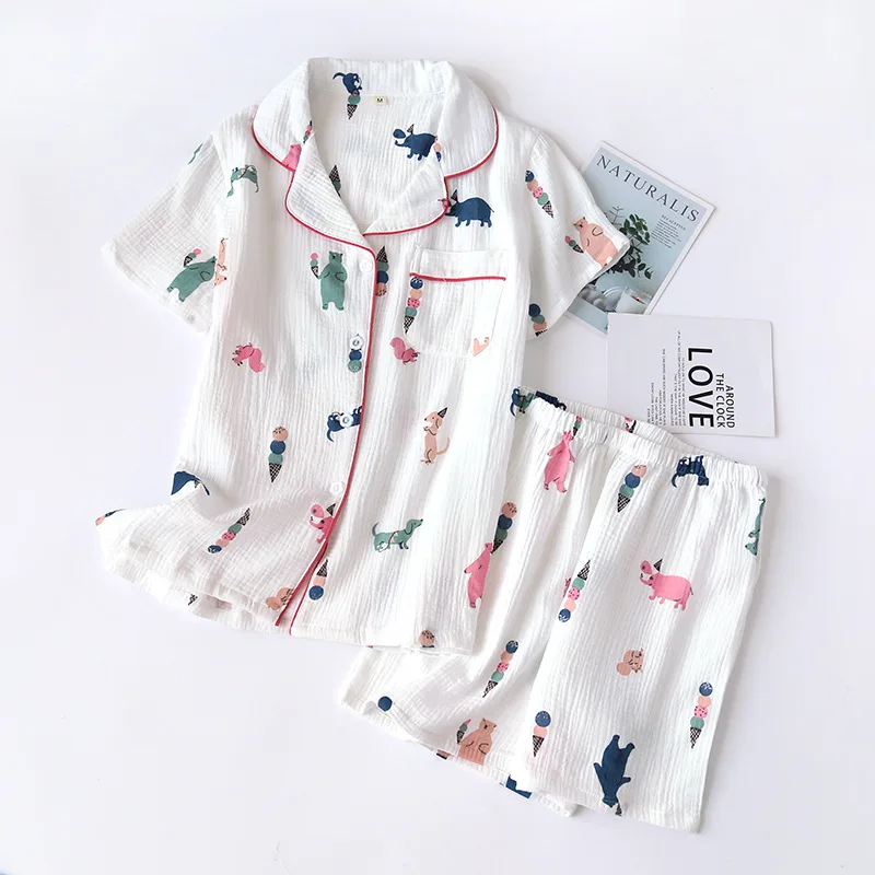 New Summer Pajamas Set Women's Cotton Gauze Soft Female Short-sleeved  Sleepwear with Shorts Japan Cartoon Thin Casual Home Wear