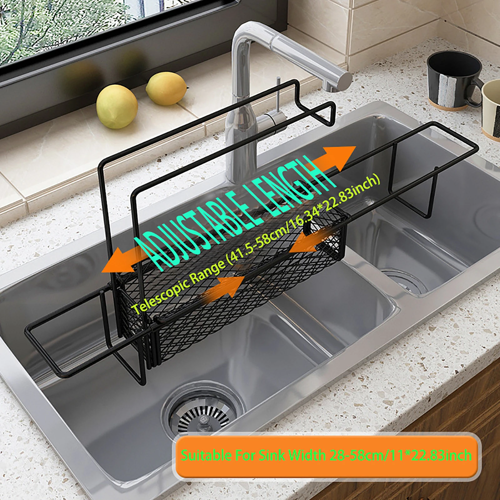 

Telescopic Sink Storage Rack Expandable Sink Rack Kitchen Organizer Carbon Steel Dish Rack Caddy Soap Sponge Holder Kitchen Sink