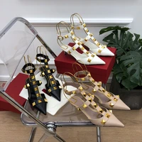 2021 spring and autumn new women high heeled flat shoes rivet decoration pointed toe sandals black fashion sandals with dust bag