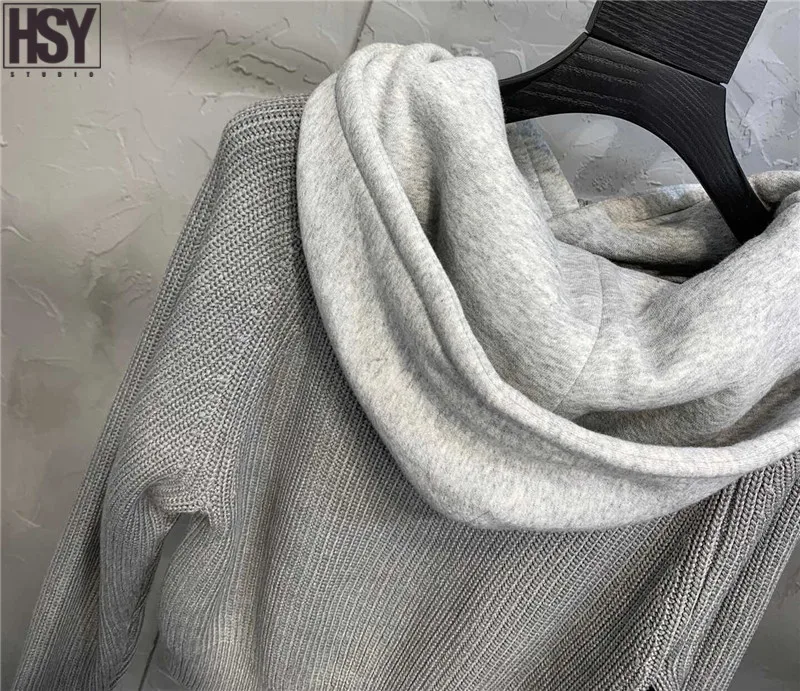 【HSY】2019 New Street-wear Fashion Trend Women Top Casual Easy Match Faded Two Piece Pullover Hooded Sweater Black/Grey |