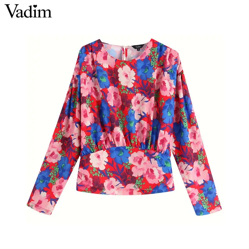 Vadim Женская стильная блузка с цветочным принтом длинным рукавом и круглым