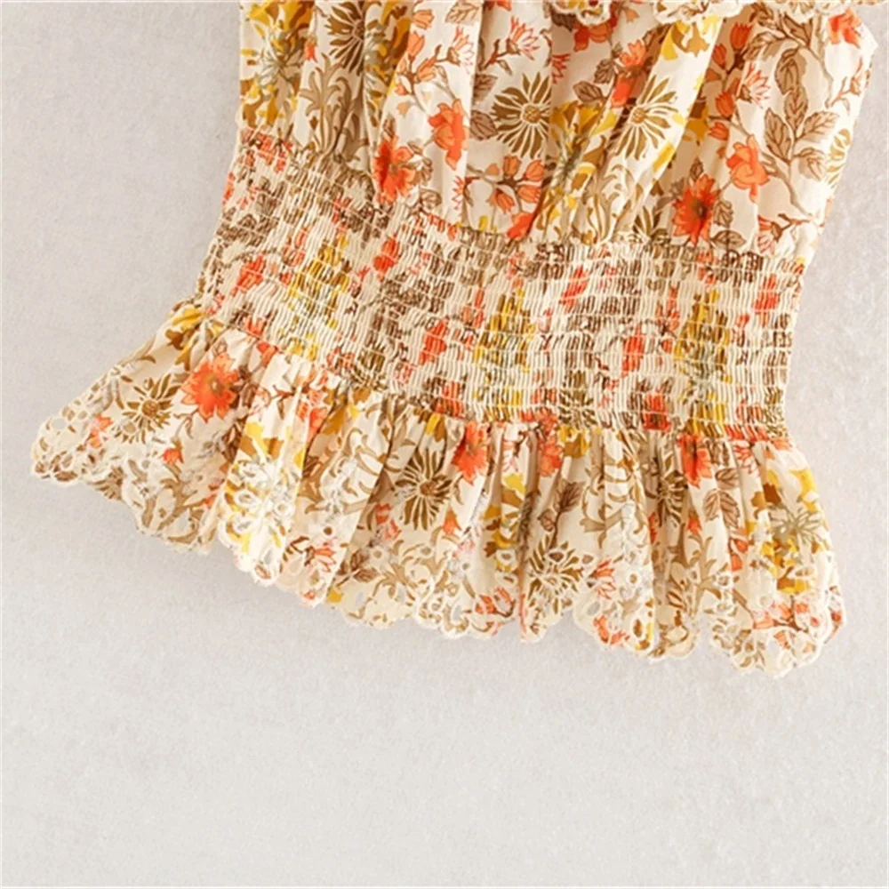 

2020 summer women's new square collar sleeveless honeycomb lattice stitching embroidery laminated decorative printed shirt