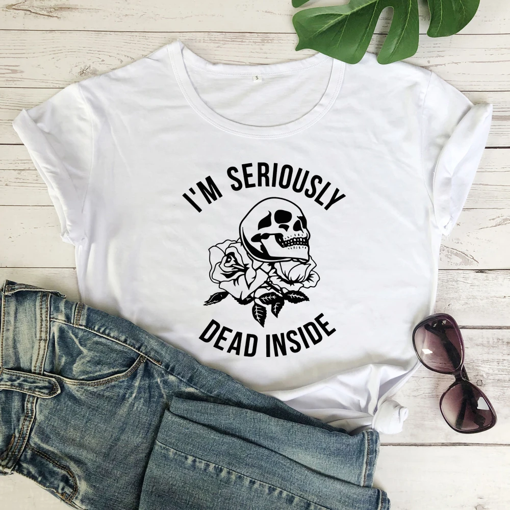 white-black text Футболка с принтом «I'M Dead Inside Skull»; Летняя Повседневная футболка с короткими рукавами и принтом в виде черепа; стильная футболка в стиле Харадзюку С гранж; модные топы; Camisetas - Цвет: white-black text