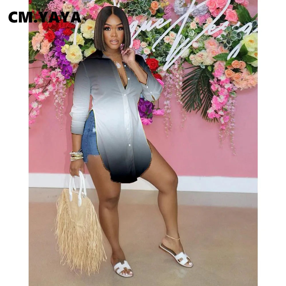 Рубашка женская летняя однобортная с градиентным принтом и длинным рукавом |