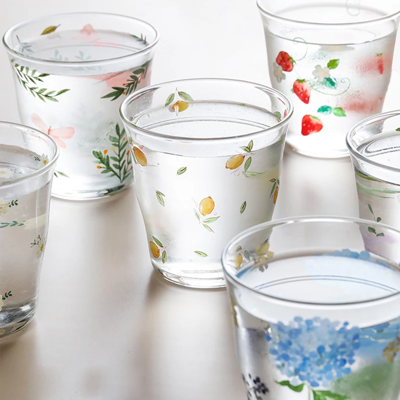 

Hydrangea Borosilicate Glass Lemon print Stackable Glass Cup Strawberry Ins Style Cute Flower Printed Water Office Milk Cup