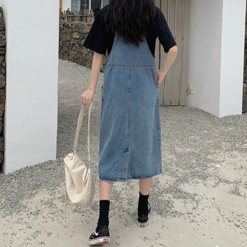 

2021 Spring New Younger Fashion Denim Suspender Dress Women's Loose Temperament Large Size Midi Dress Outer Wear