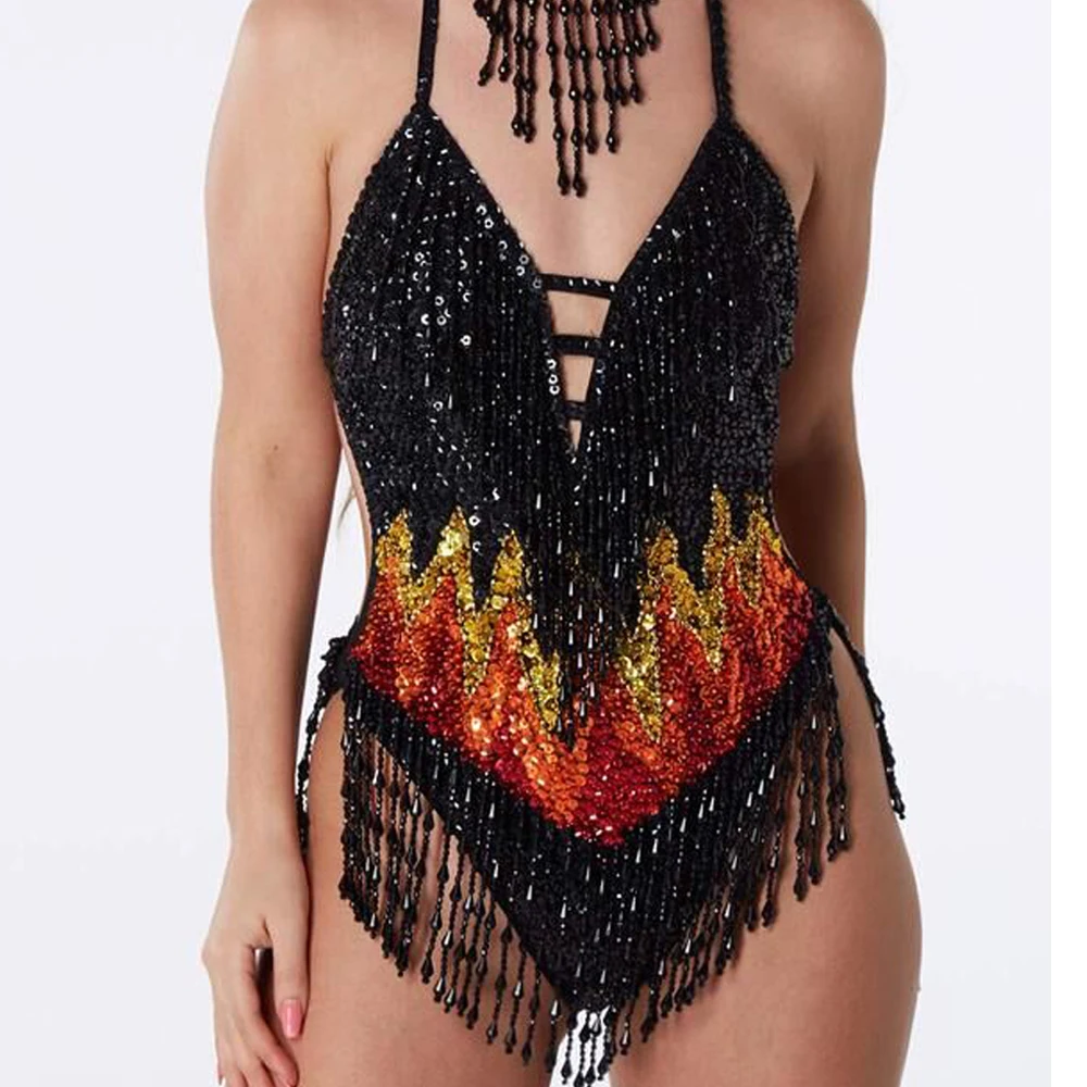 

Special holiday bodysuit backless handmade Sequins party bodysuit women Bodycon Romper sexy tassel Colorful Sequins Elegant beac