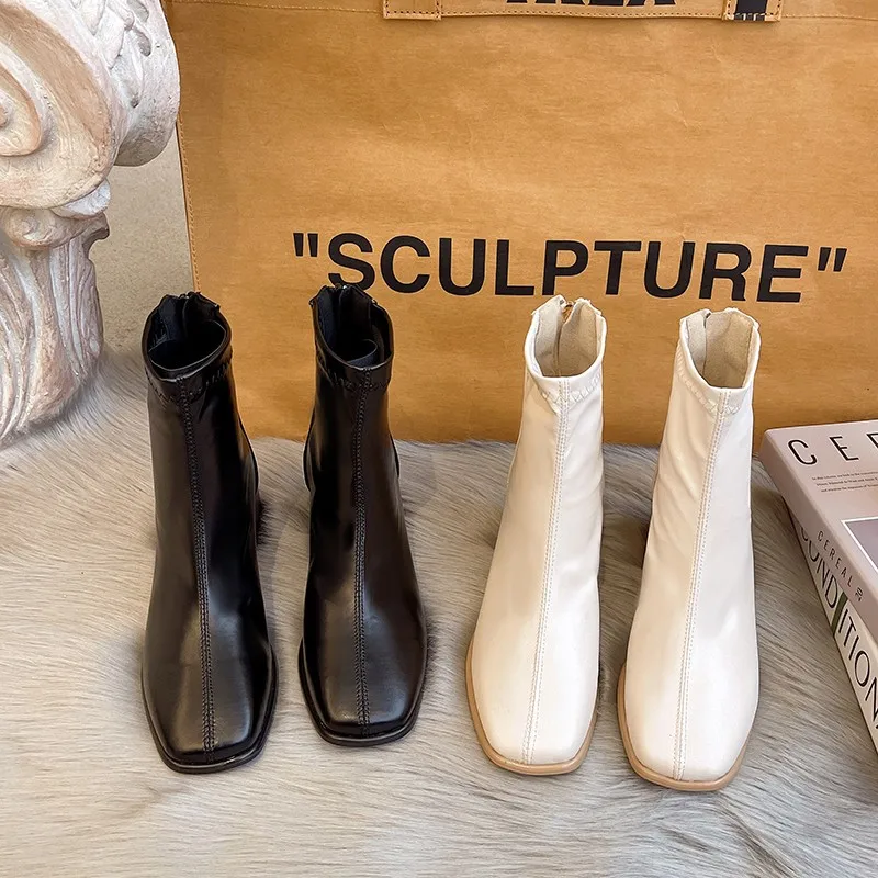 2022 autumn new ladies boots leather fashion ladies casual high heels round zipper Botines De Mujer square heel