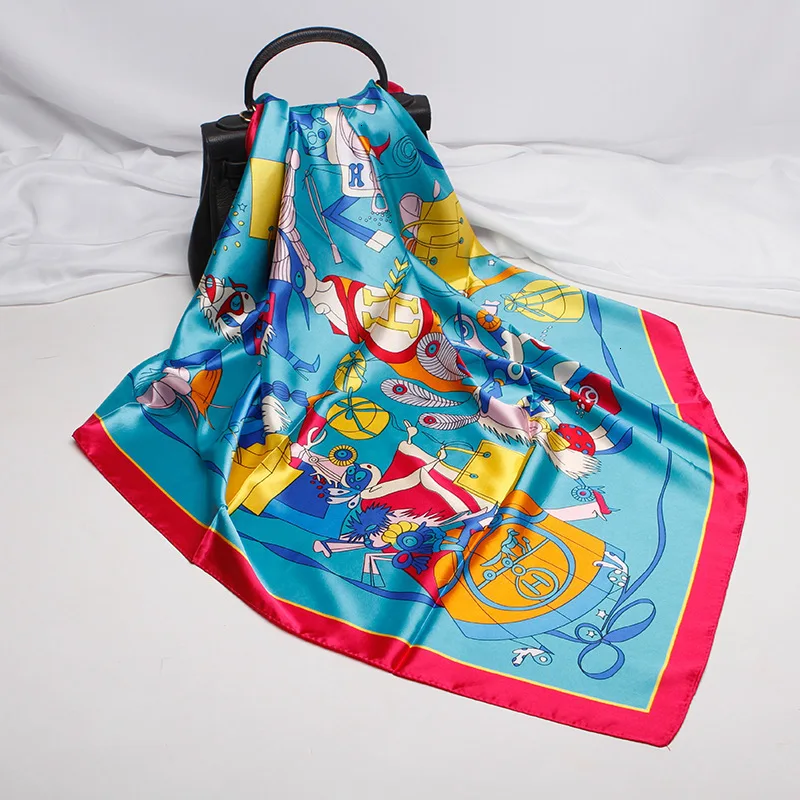 Популярные женские модели 2019 квадратный атласный шарф с принтом карет и цветов