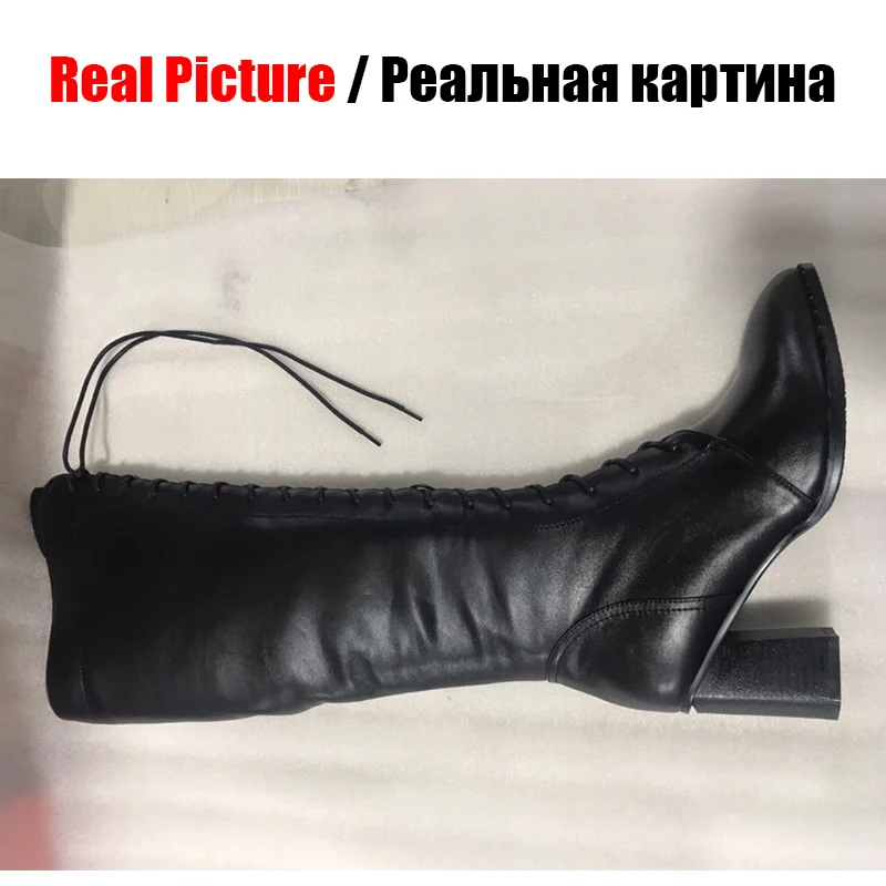 

SARAIRIS Brand New Cow Leather lady Pointed Toe Zip Cross Tied Shoes Woman Casual Party Winter Spring Knee High Boots Size 34-42