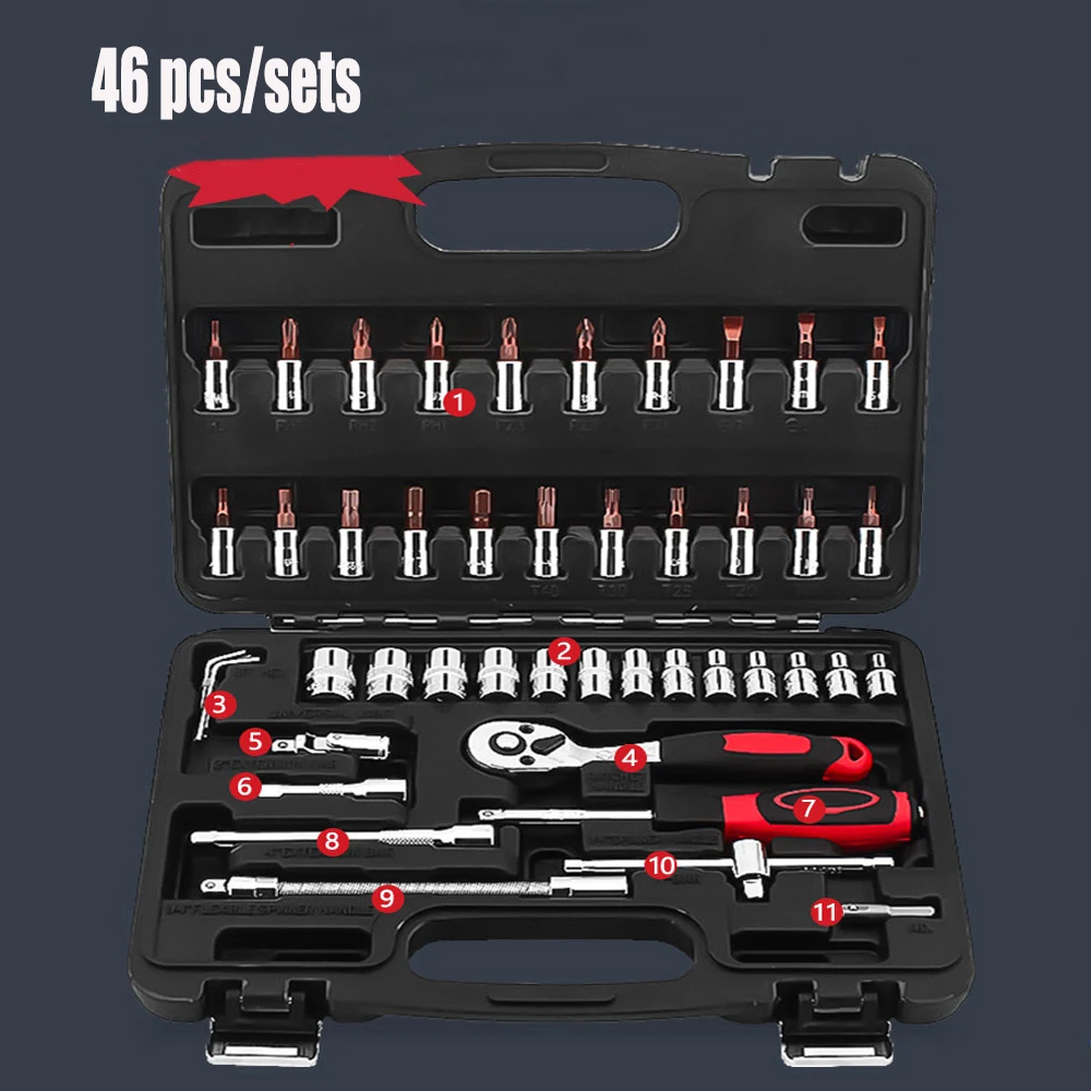 46 pcs sets Мотоцикл набор инструментов для ремонта автомобиля гаечные ключи трещотка гнездо универсальный шарнир Аппаратный набор инструментов - Цвет: 46 pcs sets