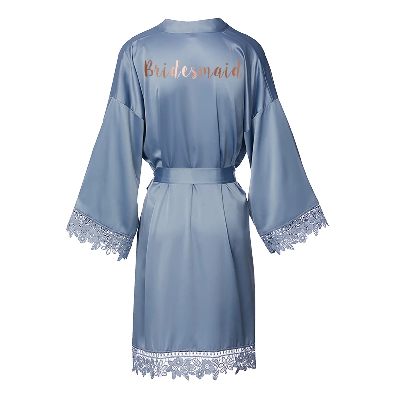 Matt Satin Lace Robe with Trim Gown Bridal Robe Wedding Bride Robes Bridesmaid Kimono Robe Bridal Robes Dusty Blue New