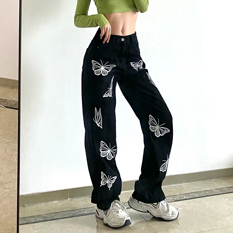 

Women Butterfly Print Pants Sweatpants Women 2021 Spring Streetwear Korean Style Elastic High Waist Straight Wide Leg y2k Pants