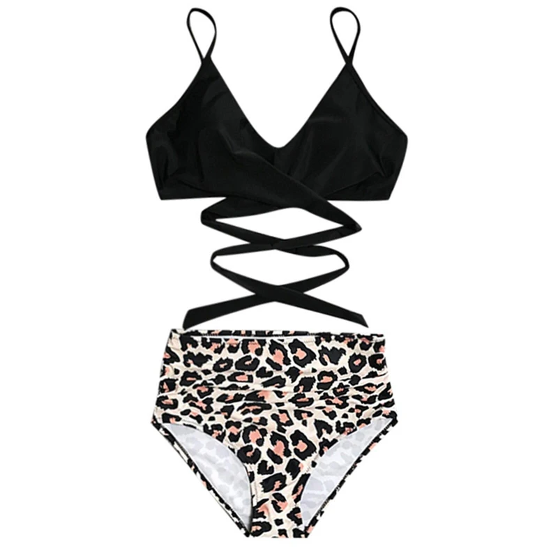Women Sexy Solid Leopard Bikini Set Two Piece Swimsuit Spaghetti Straps Swimwear Beach Lace Up Drawstring Bathing Suit Biquini