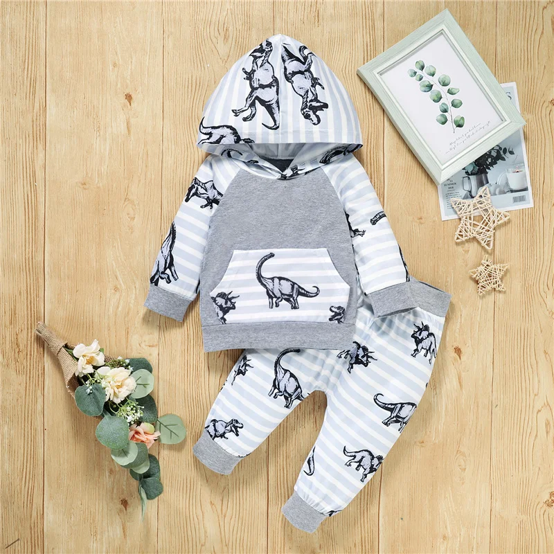 

2Pcs 0-2Year Baby Boys Cotton Clothes Set,Toddlers Boys Cartoon Dinosaur Printing Long Sleeve Hooded Tops+Striped Long Pants Set