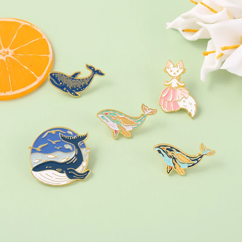 

Whale Enamel Pin Dreamy Humpback Whale Brooches Cat Mermaid Aniaml Art Metal Badges Bag Clothes Pins Up Jewelry Gifts