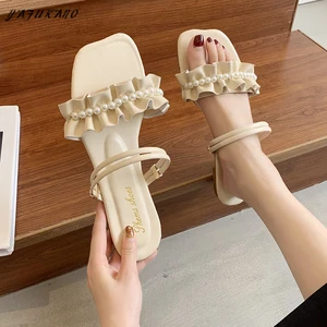 Sweet Fairy Style Sandals Female Two Wear Flat Pearl Small Fresh Rome Shoes Elegant Pleated Beach Slippers Outdoor Casual Slides