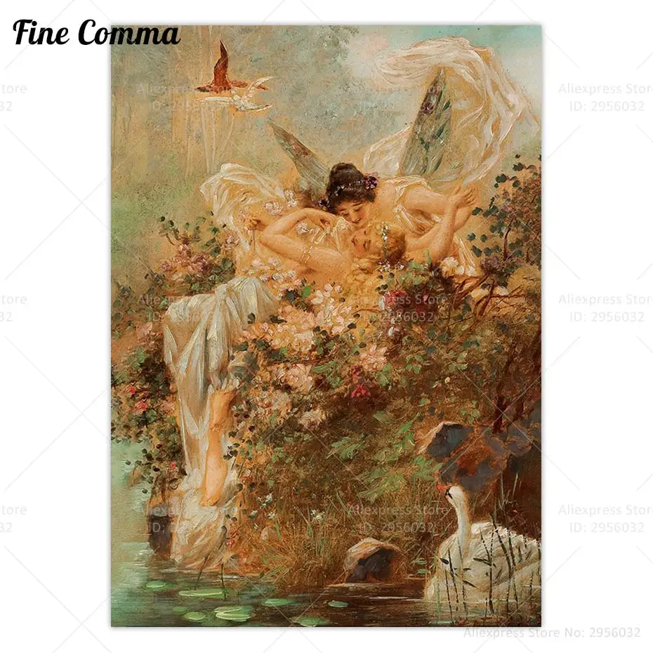 Две феи обнимающие пейзаж с лебедем Ханс затка винтажный постер художественная