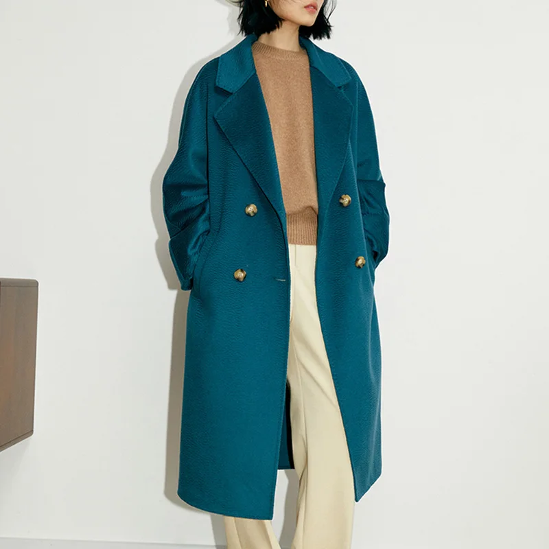 Женское длинное шерстяное пальто с поясом свободное однотонное двухстороннее 8