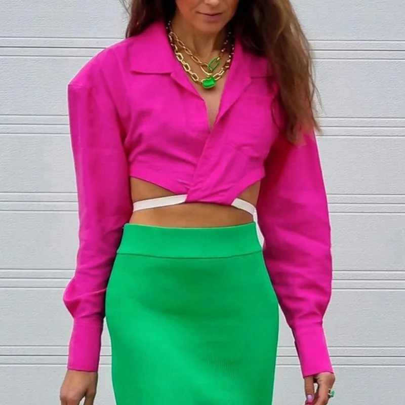 

Женская свободная рубашка с длинным рукавом, розовая однотонная хлопковая рубашка с V-образным вырезом и вырезами на пупке, осень 2021