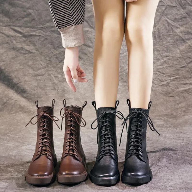 

2020 New British style Mid-tube casual Martin boots warm soft women's shoes autumn winter Genuine Leather fashion Women boots