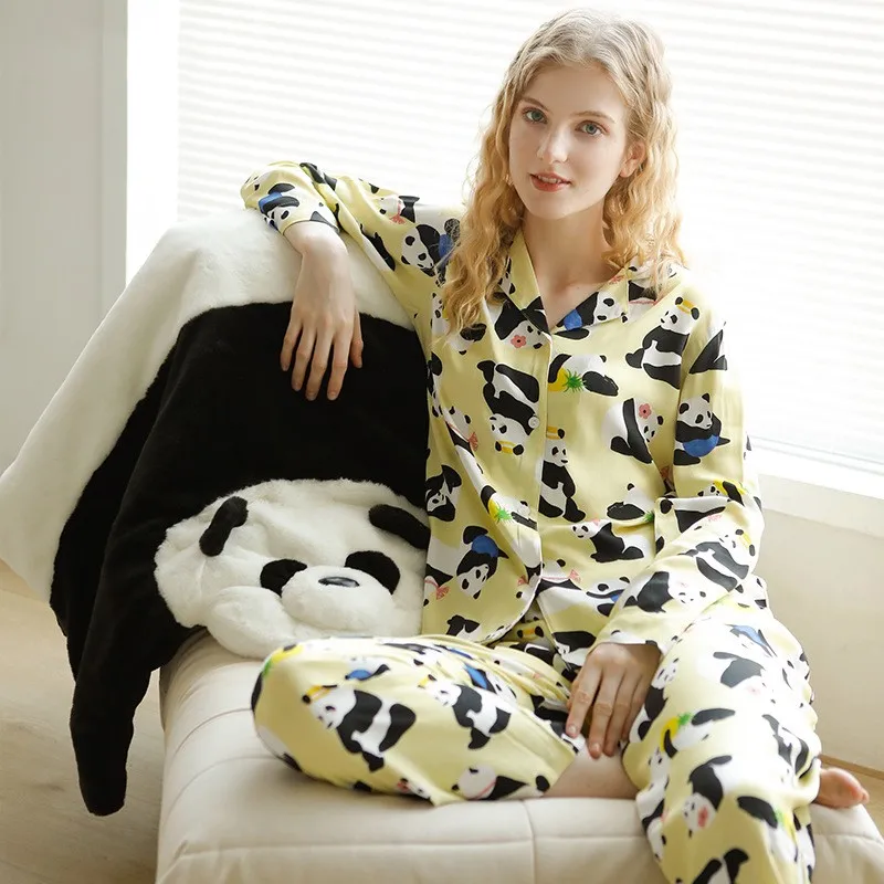 

Spring Viscose Cotton Women Pajamas Set Cute Print Panda Sleepwear 2 PCS Shirt&Pant Yellow Long Sleeve Home Clothes Trouser Suit