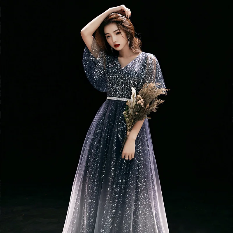 

Black V-neck Evening Party Dress Dreamy Starry Sky Banquet Dress Bling Sequins Prom Dress Temperament Hostess Dress Big Size 3XL